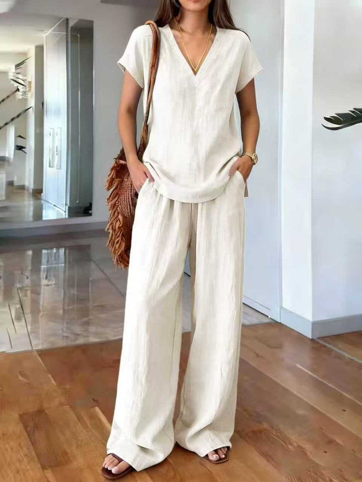 Klarisa Women's Casual V-Neck Linen Two-Piece Set