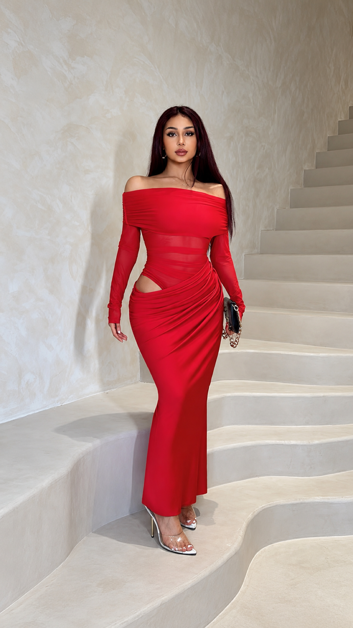 Off-Shoulder Mesh Cutout Maxi Dress