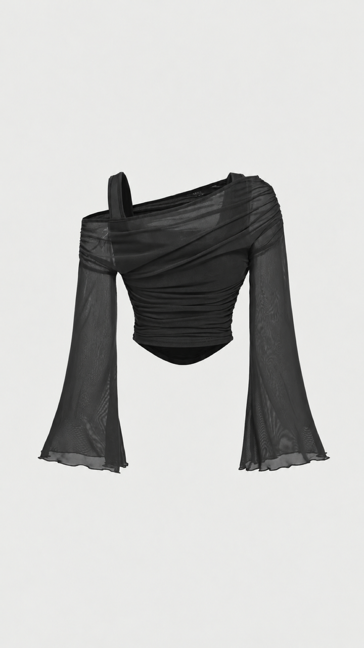 Asymmetric Mesh Flare Sleeve Top