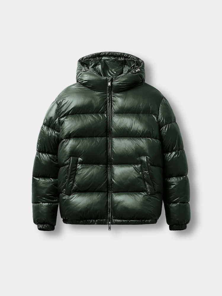 Serenity Luxe Glossy Puffer Jacket – High-Shine Quilted Coat