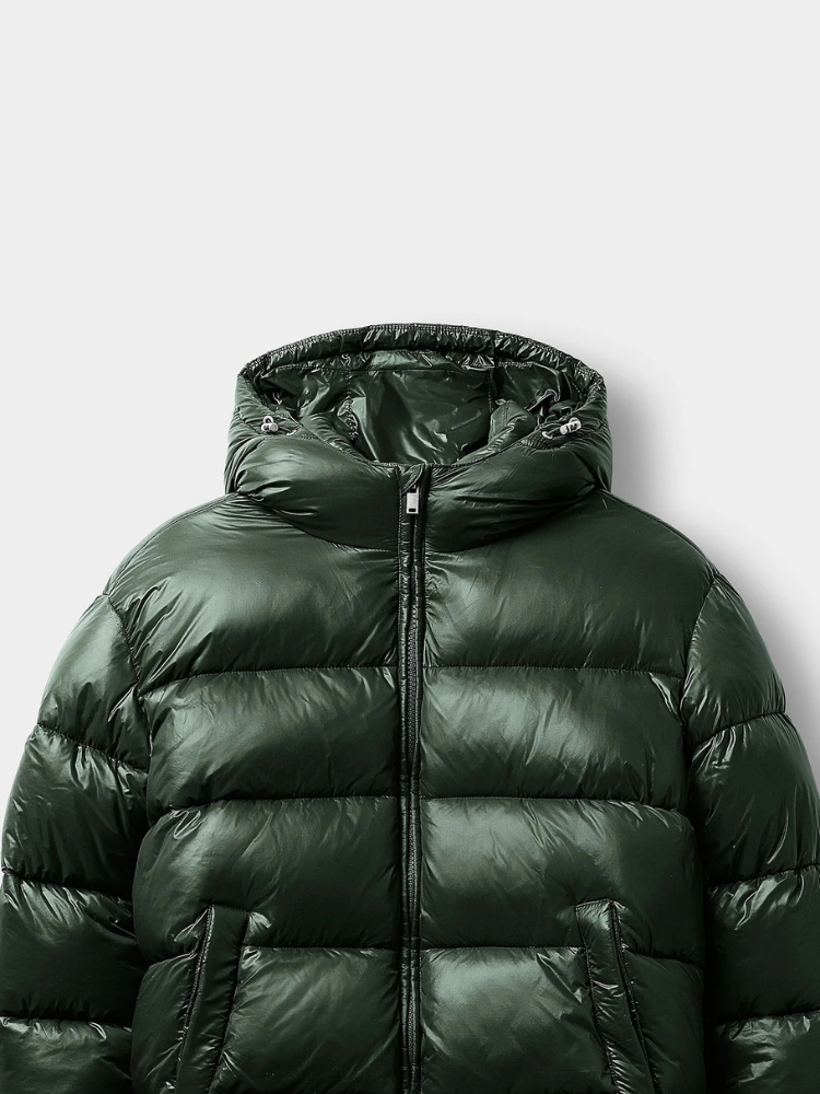 Serenity Luxe Glossy Puffer Jacket – High-Shine Quilted Coat