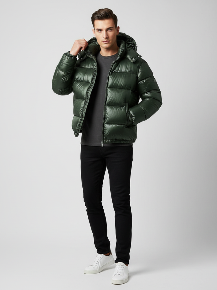 Serenity Luxe Glossy Puffer Jacket – High-Shine Quilted Coat