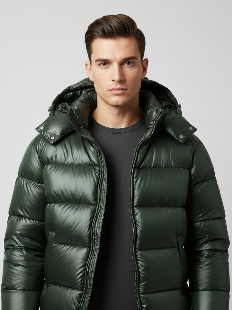 Serenity Luxe Glossy Puffer Jacket – High-Shine Quilted Coat