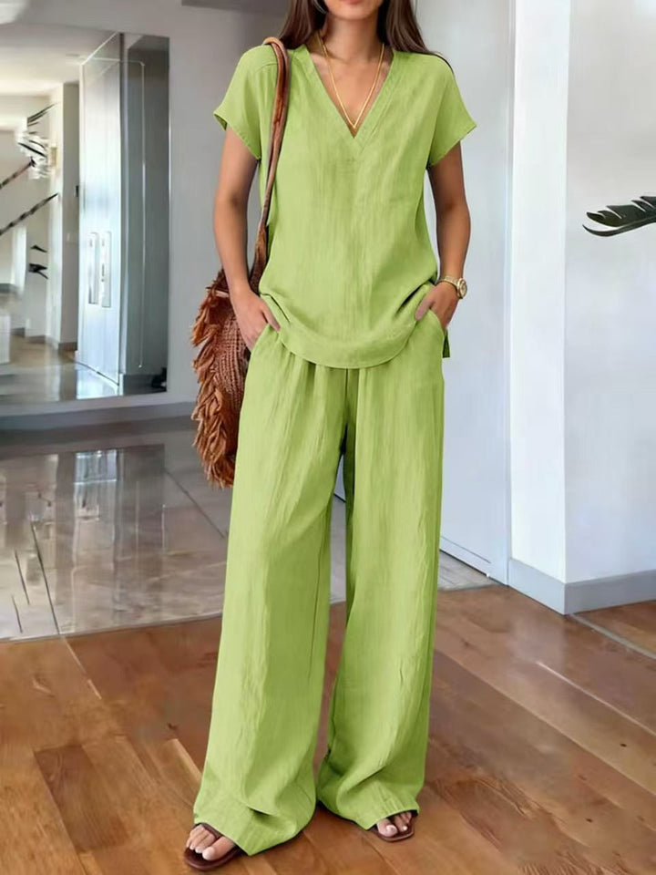 Klarisa Women's Casual V-Neck Linen Two-Piece Set