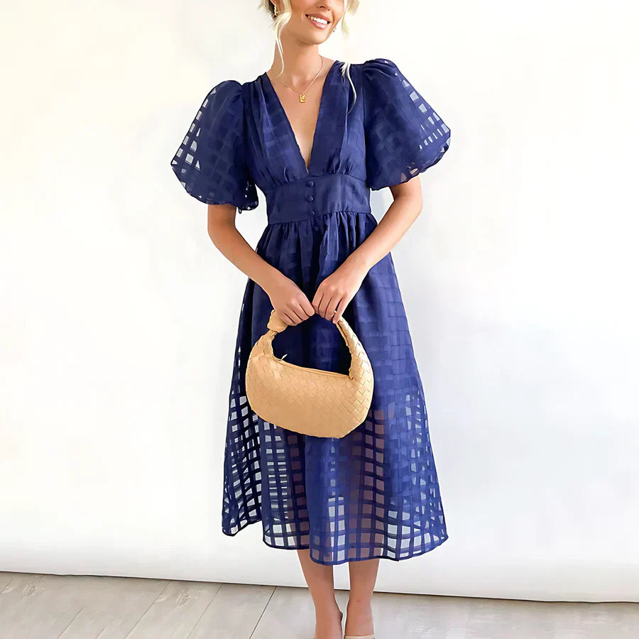 Cindy - Classic Patterned Puff Sleeve Midi Dress