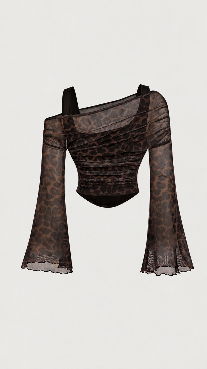 Leopard Mesh Flare Sleeve Top