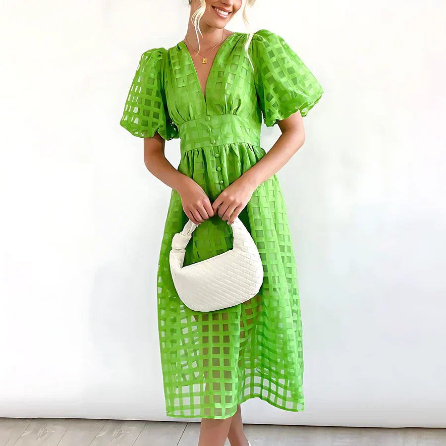 Cindy - Classic Patterned Puff Sleeve Midi Dress