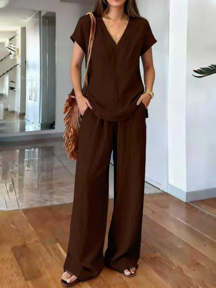 Klarisa Women's Casual V-Neck Linen Two-Piece Set