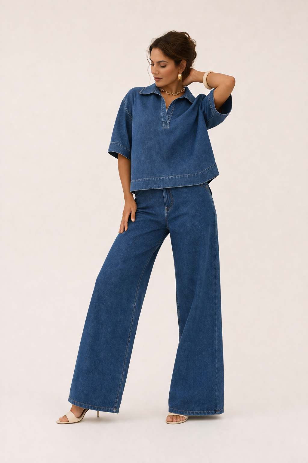 Adela Women's Denim Set: Wide-Leg Trousers, Short-Sleeved Denim Blouse