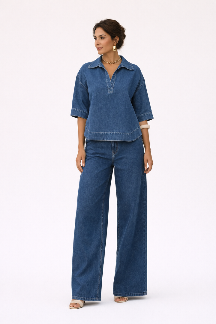 Adela Women's Denim Set: Wide-Leg Trousers, Short-Sleeved Denim Blouse