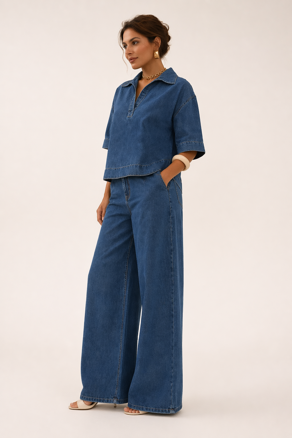 Adela Women's Denim Set: Wide-Leg Trousers, Short-Sleeved Denim Blouse