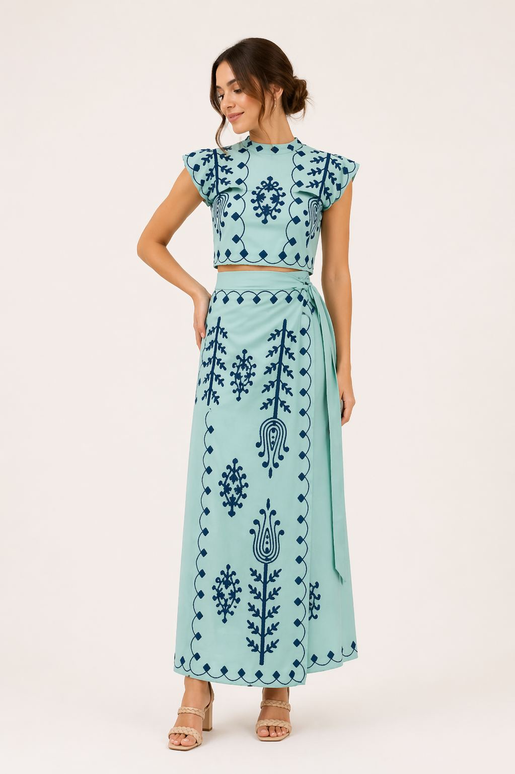 Rita women's embroidered midi skirt and crop top set