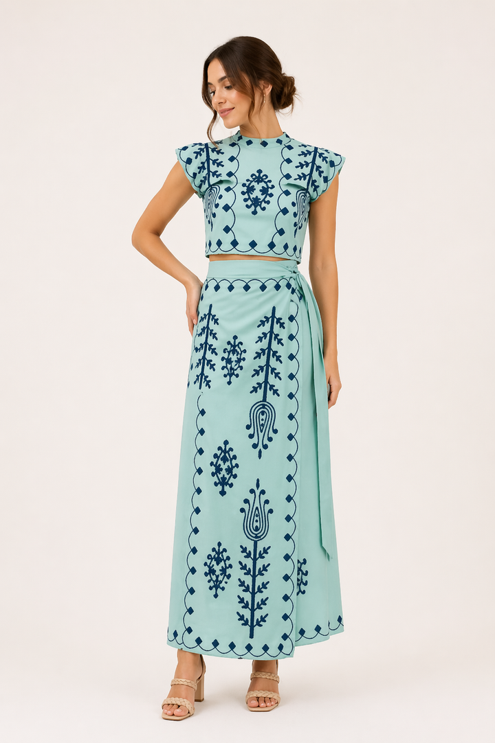 Rita women's embroidered midi skirt and crop top set