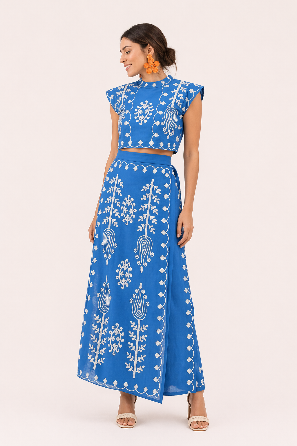 Rita women's embroidered midi skirt and crop top set