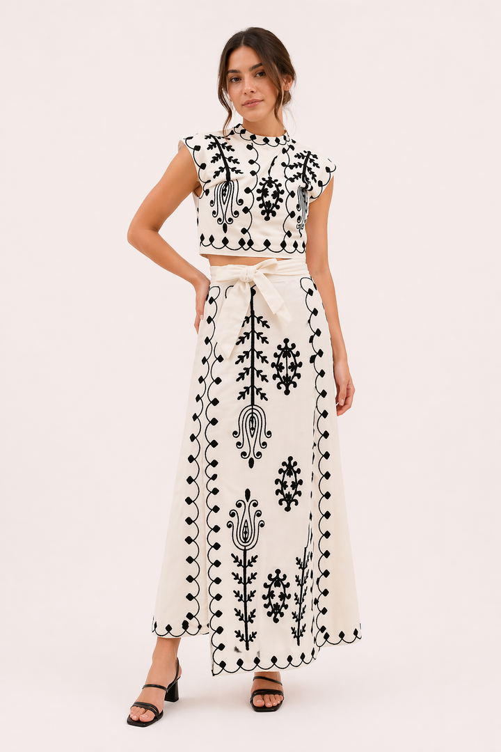 Rita women's embroidered midi skirt and crop top set