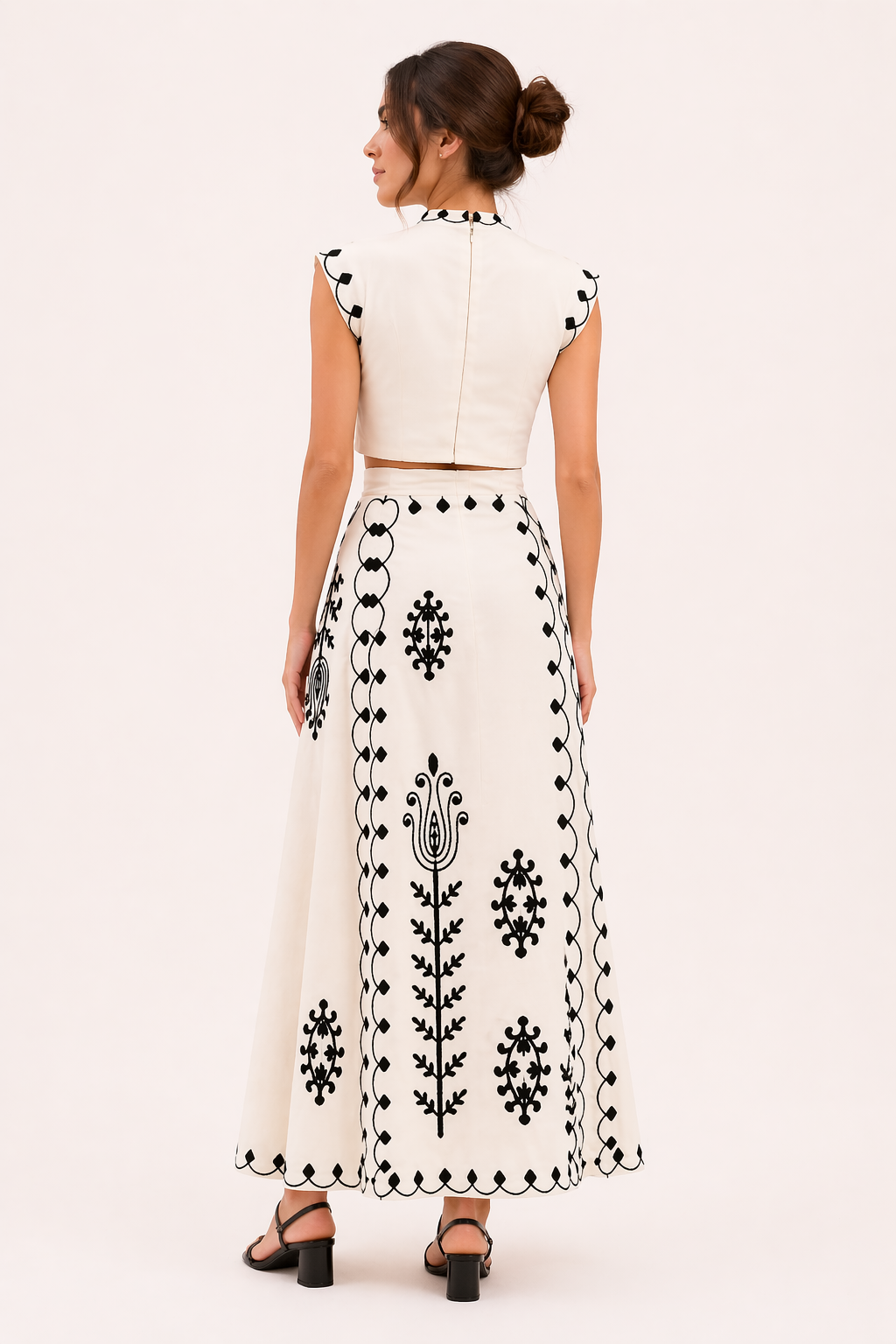 Rita women's embroidered midi skirt and crop top set