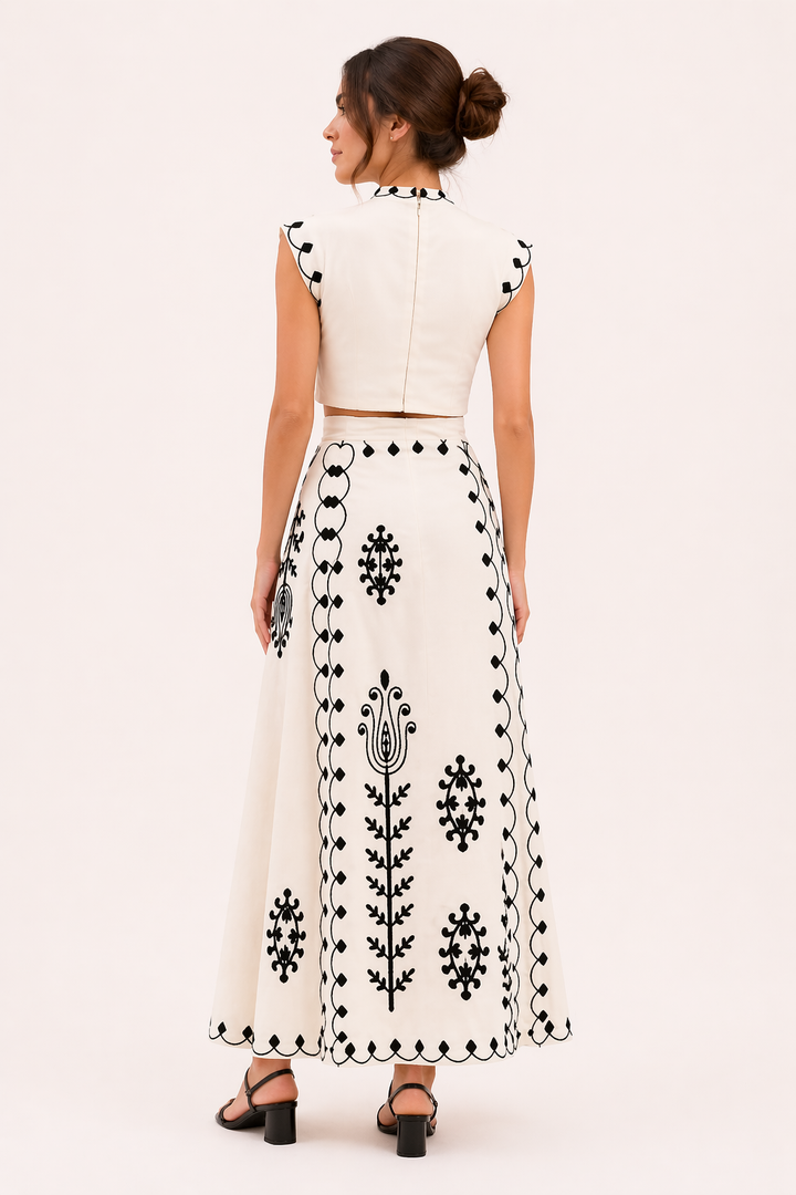 Rita women's embroidered midi skirt and crop top set