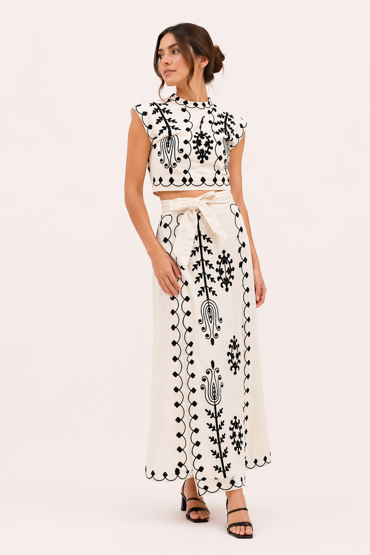 Rita women's embroidered midi skirt and crop top set