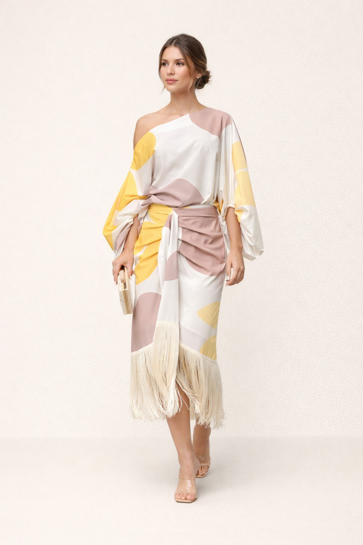 Arianna Women's Elegant Midi Skirt and Asymmetrical Wide-Sleeve Top Set
