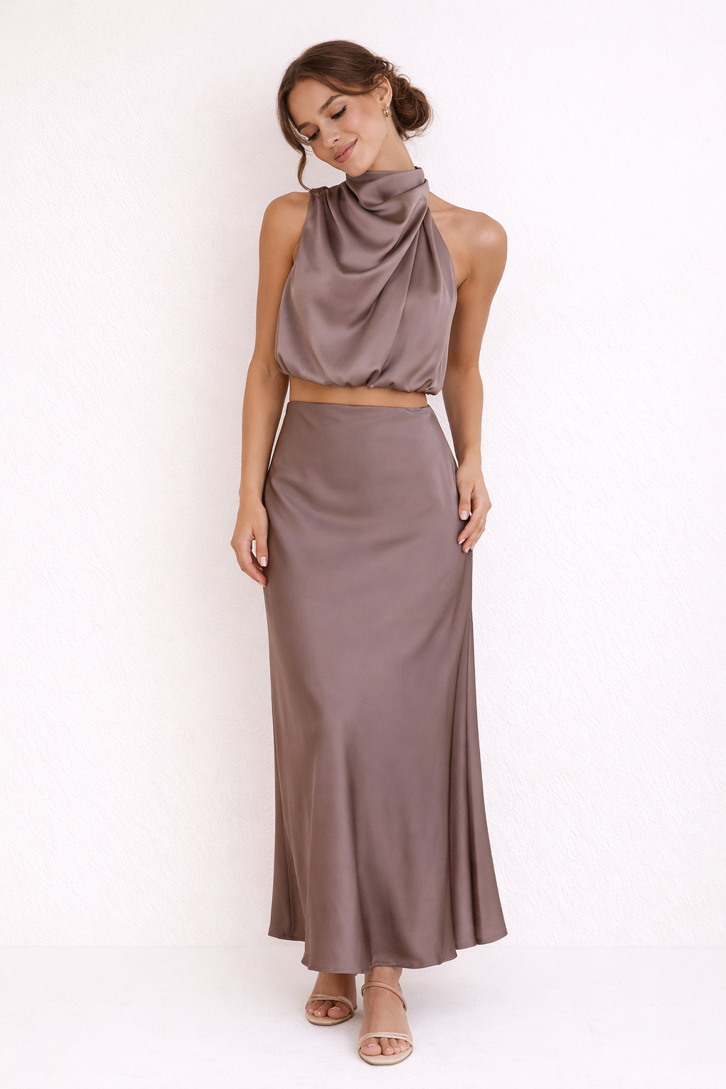 Marlene Women's Elegant Draped Long Skirt and Halter Top Set