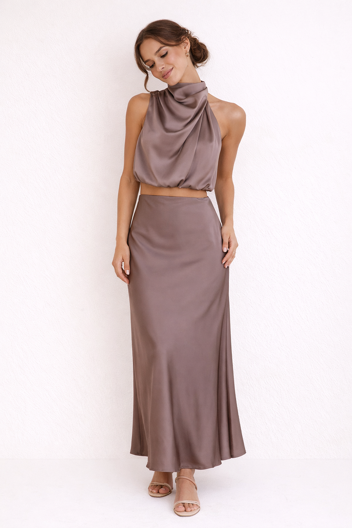 Marlene Women's Elegant Draped Long Skirt and Halter Top Set
