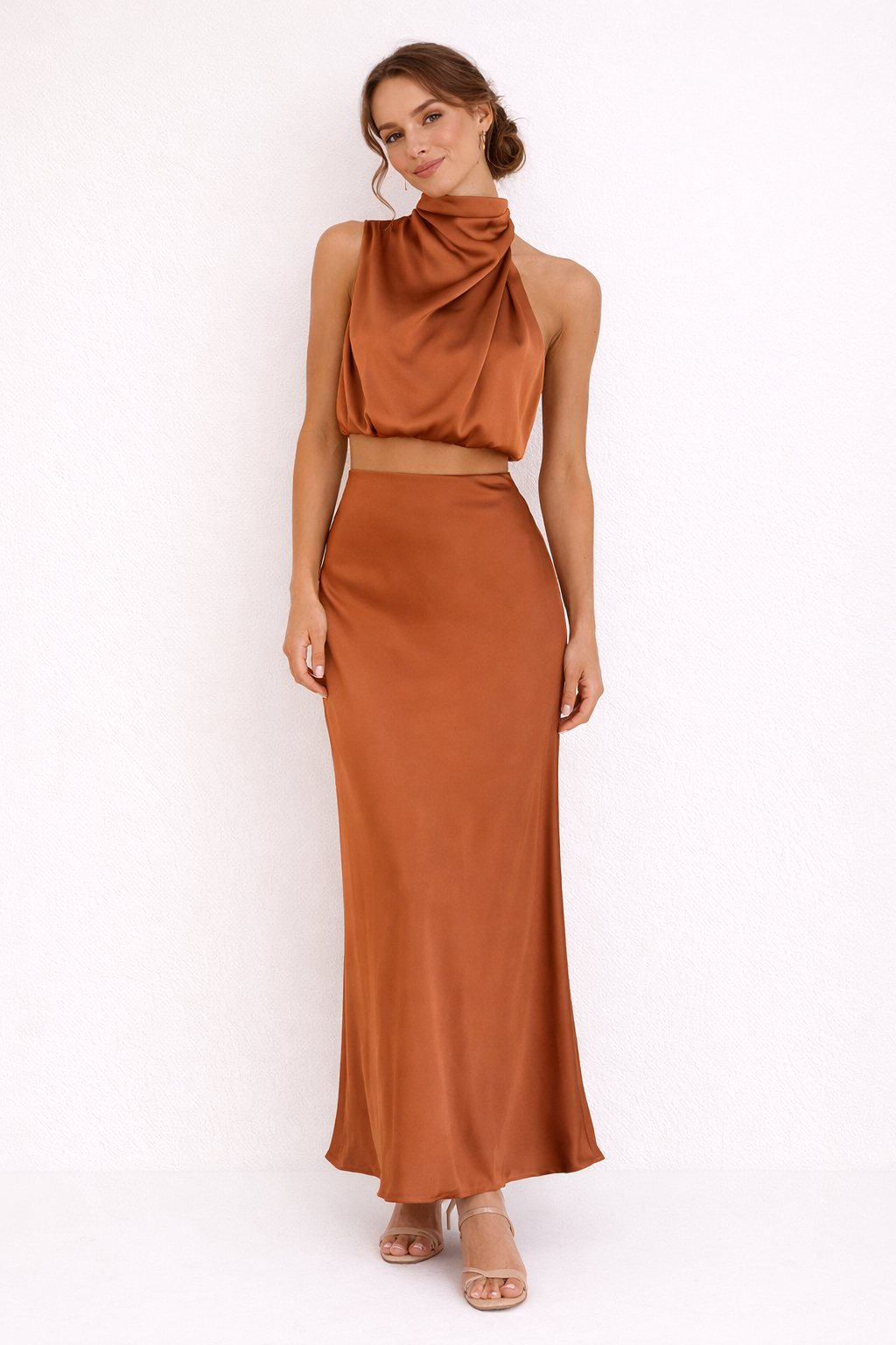 Marlene Women's Elegant Draped Long Skirt and Halter Top Set