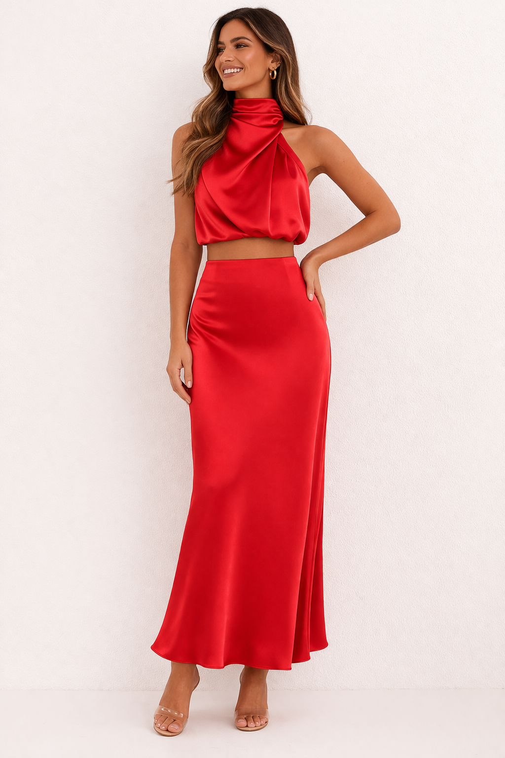 Marlene Women's Elegant Draped Long Skirt and Halter Top Set