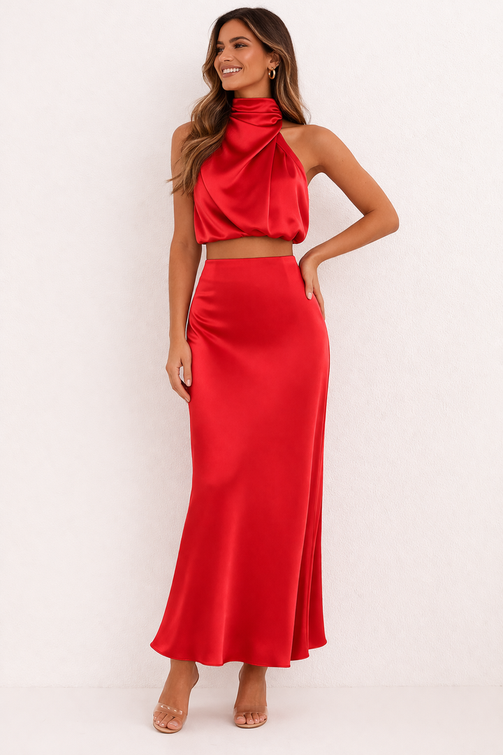 Marlene Women's Elegant Draped Long Skirt and Halter Top Set