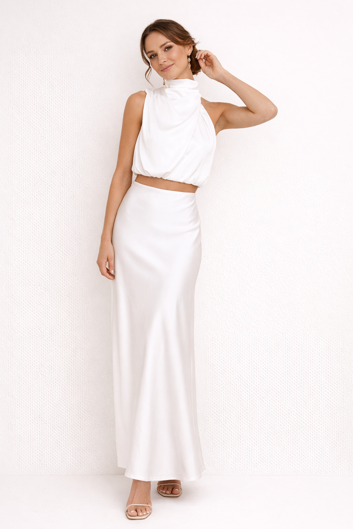 Marlene Women's Elegant Draped Long Skirt and Halter Top Set