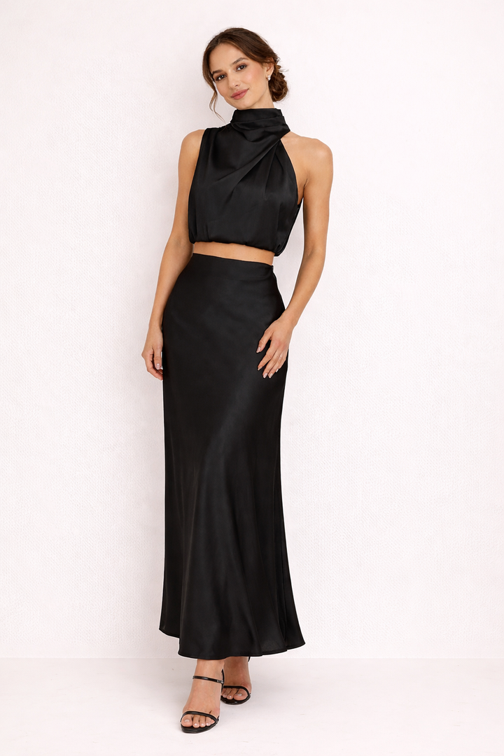 Marlene Women's Elegant Draped Long Skirt and Halter Top Set
