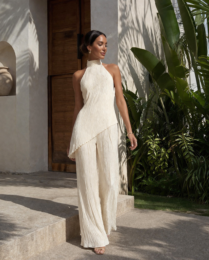 Sigrid women's pleated wide-leg trousers and asymmetrical halter top set