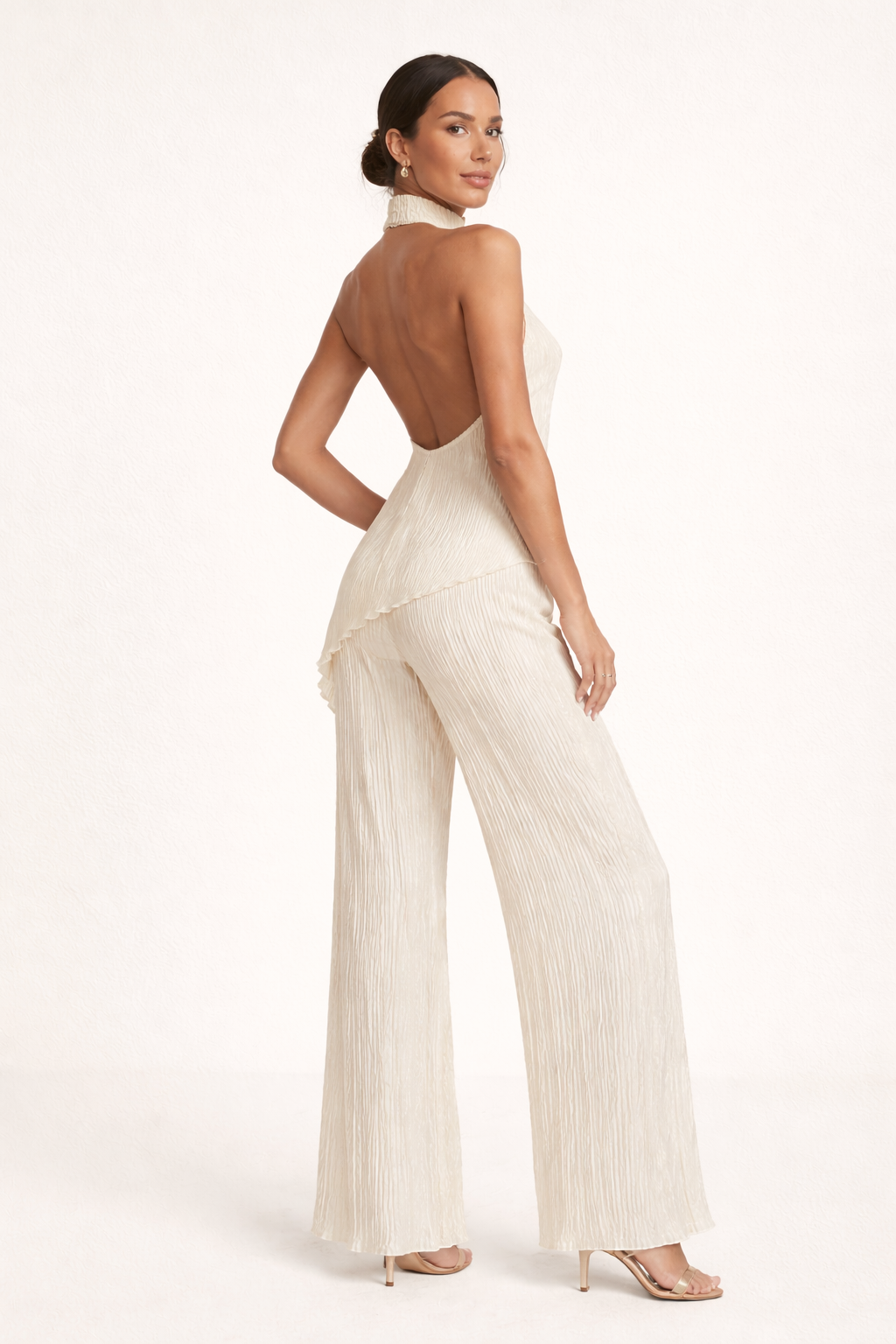 Sigrid women's pleated wide-leg trousers and asymmetrical halter top set
