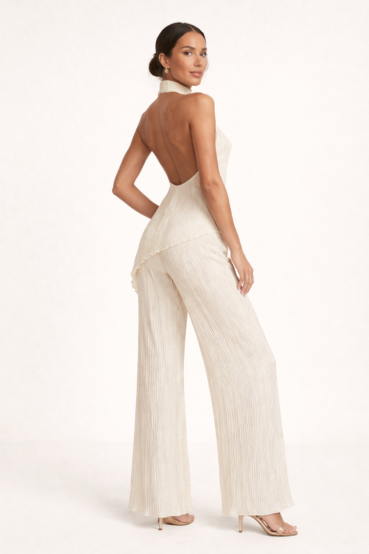 Sigrid women's pleated wide-leg trousers and asymmetrical halter top set