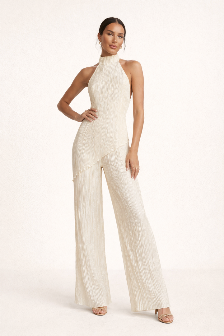 Sigrid women's pleated wide-leg trousers and asymmetrical halter top set