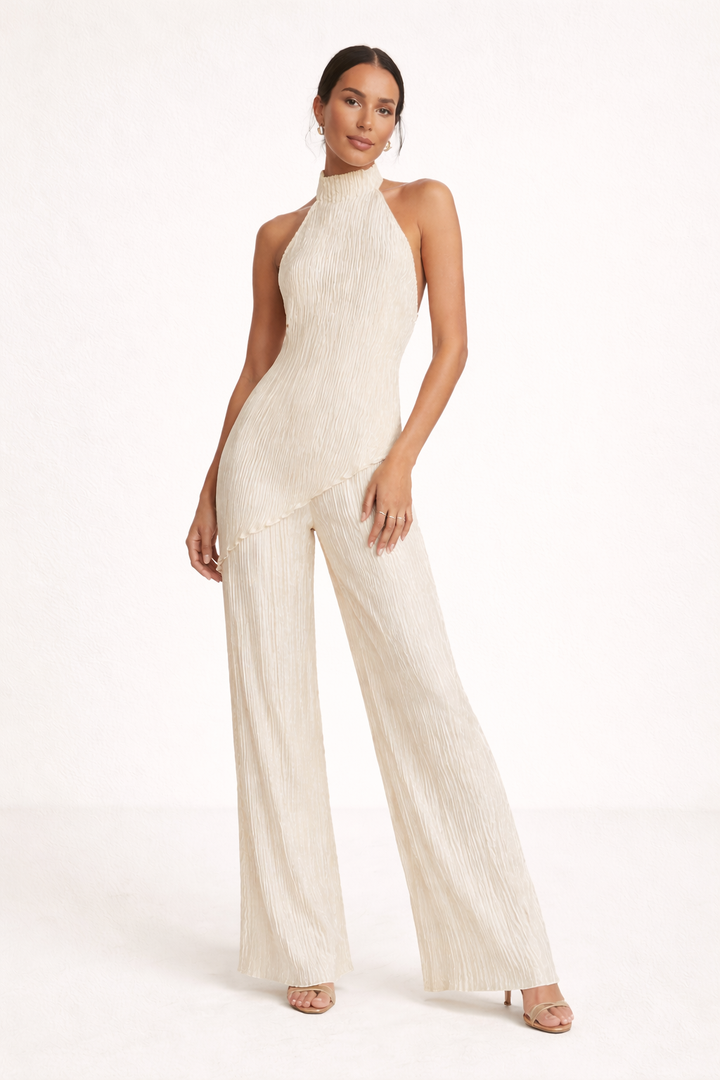 Sigrid women's pleated wide-leg trousers and asymmetrical halter top set