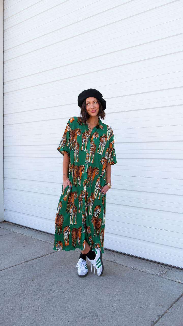 The Kora Tiger Pleated Shirt Dress
