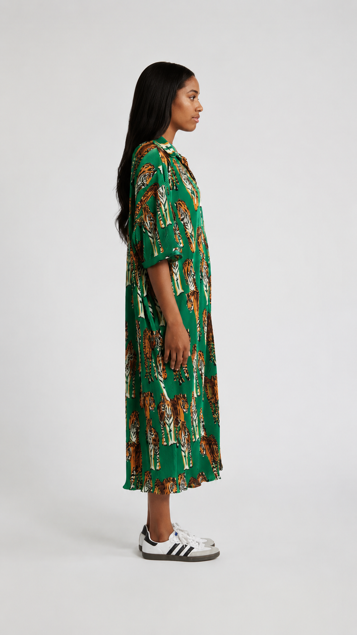 The Kora Tiger Pleated Shirt Dress