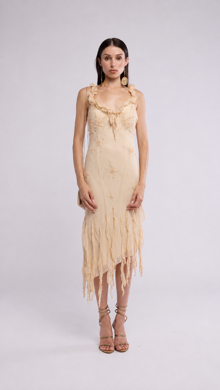 The Aurelia Beaded Ruffle Midi Dress
