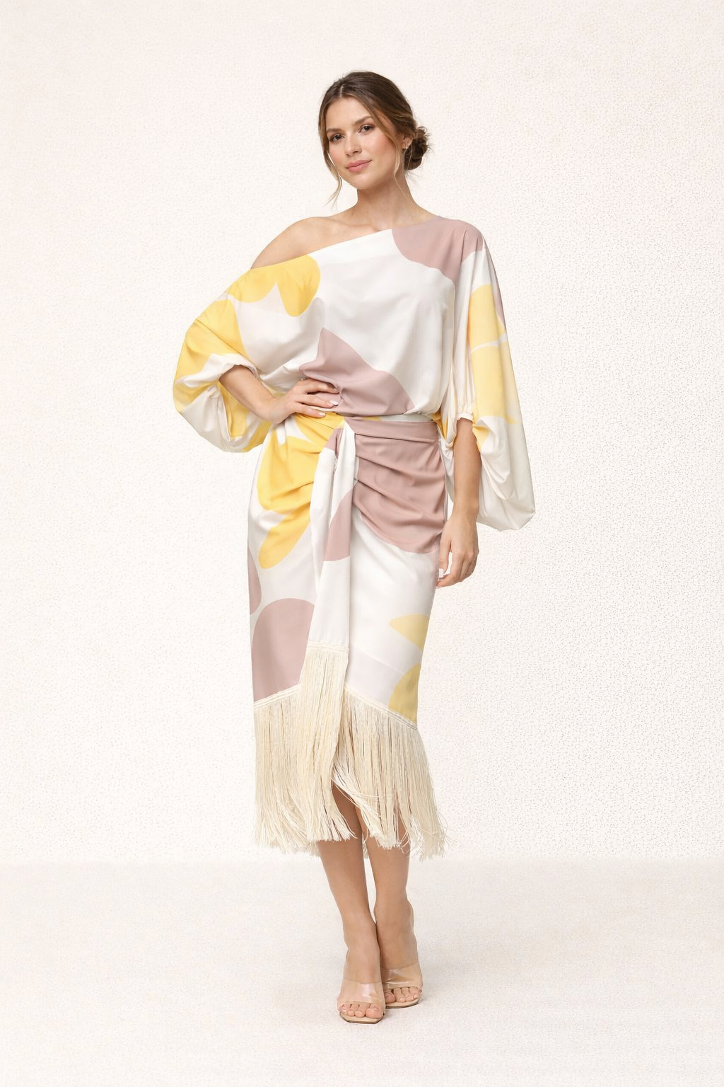 Arianna Women's Elegant Midi Skirt and Asymmetrical Wide-Sleeve Top Set