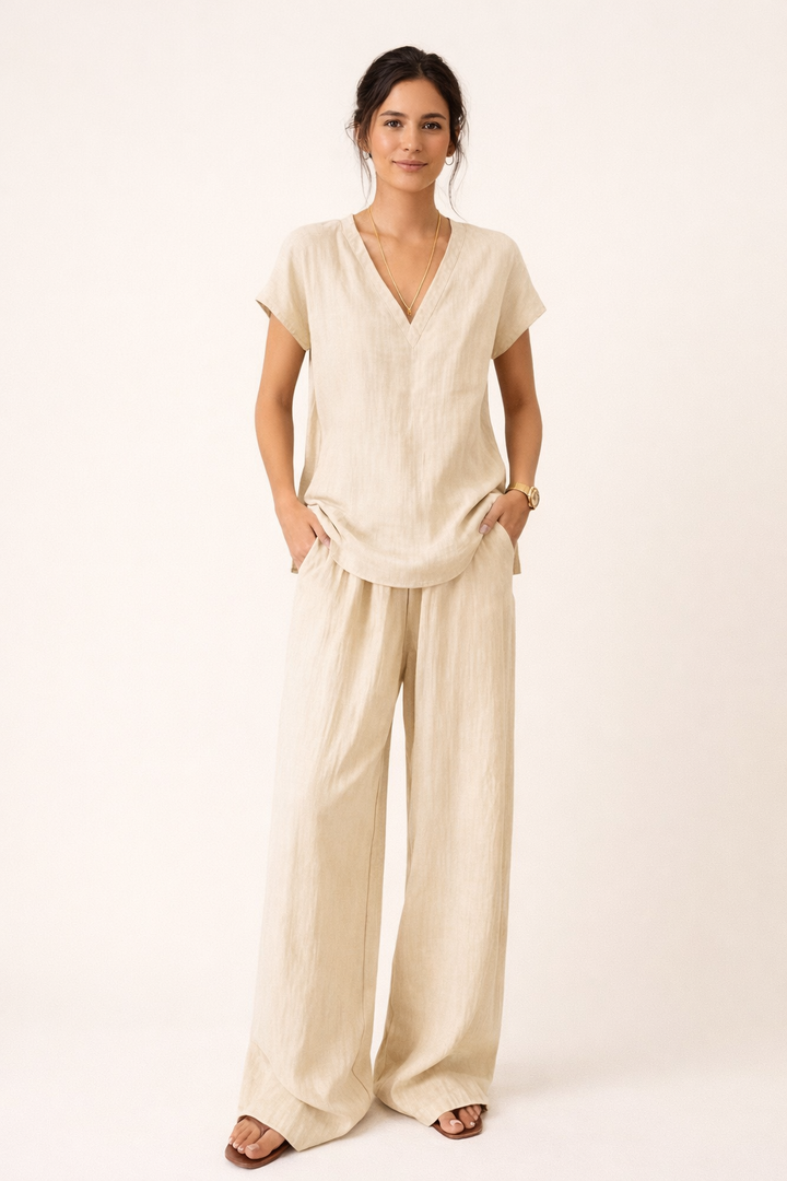 Klarisa Women's Casual V-Neck Linen Two-Piece Set