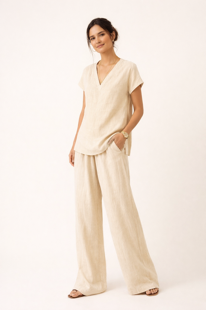Klarisa Women's Casual V-Neck Linen Two-Piece Set