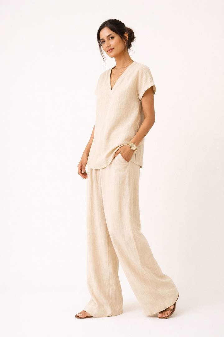 Klarisa Women's Casual V-Neck Linen Two-Piece Set