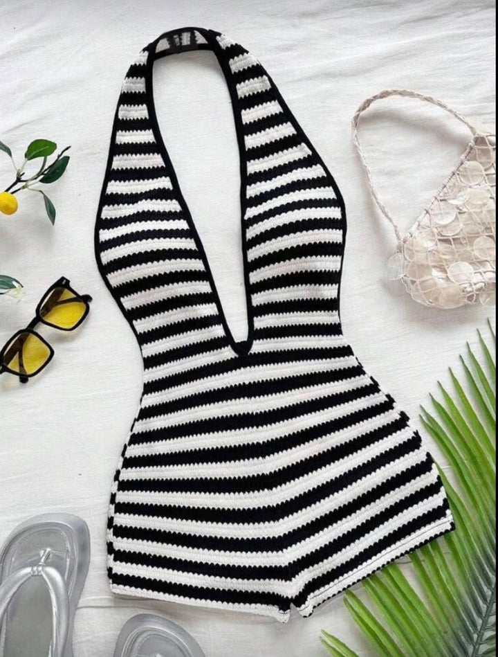 Striped Knit Halter Romper