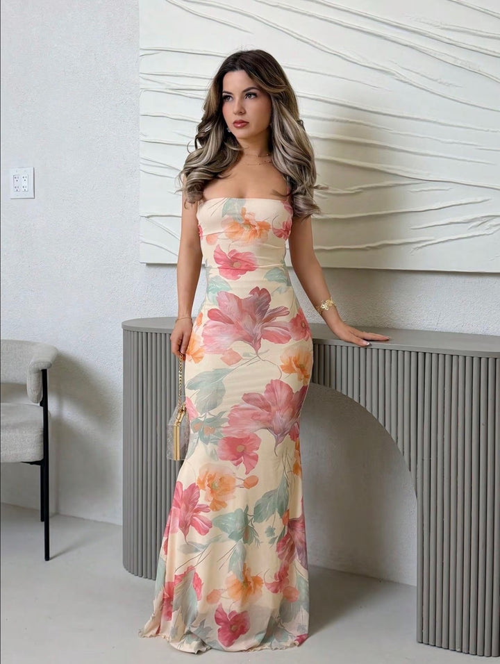 Rosé Bloom Strapless Maxi Dress