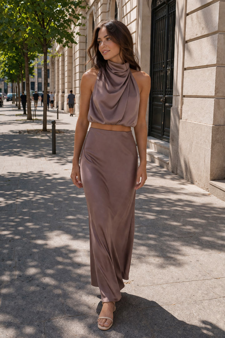 Marlene Women's Elegant Draped Long Skirt and Halter Top Set