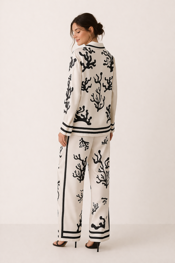 Women's elegant Peony print blouse and wide-leg trousers set