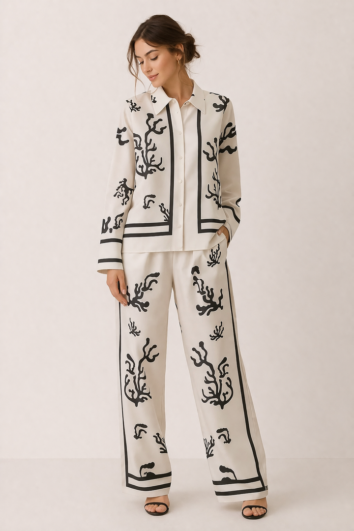 Women's elegant Peony print blouse and wide-leg trousers set