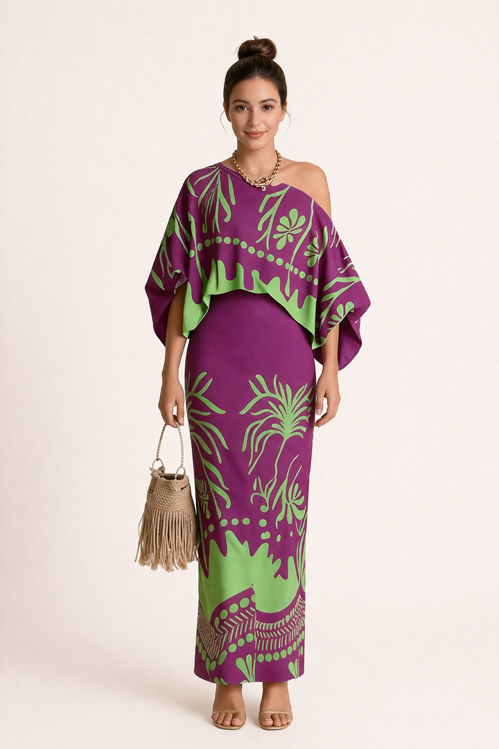 Helene Women's Spring Print Blouse and Long Skirt Set
