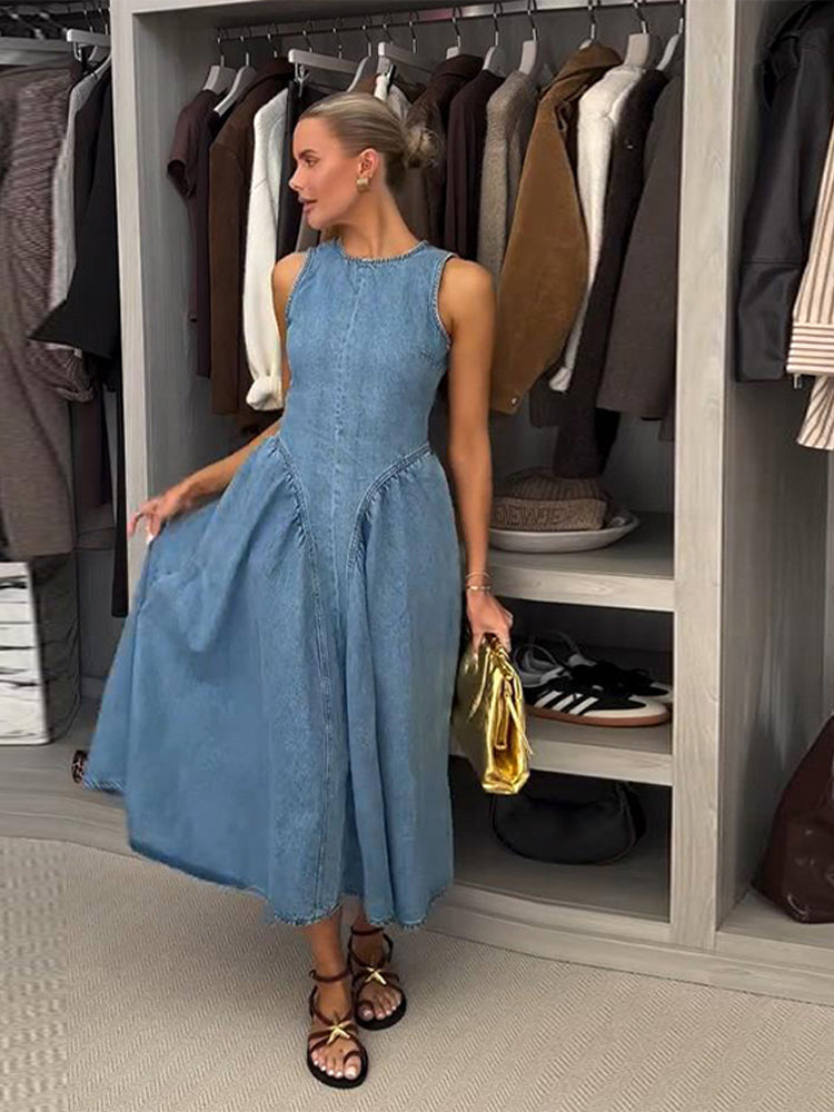 ÉLÉNA Backless Denim Midi Dress
