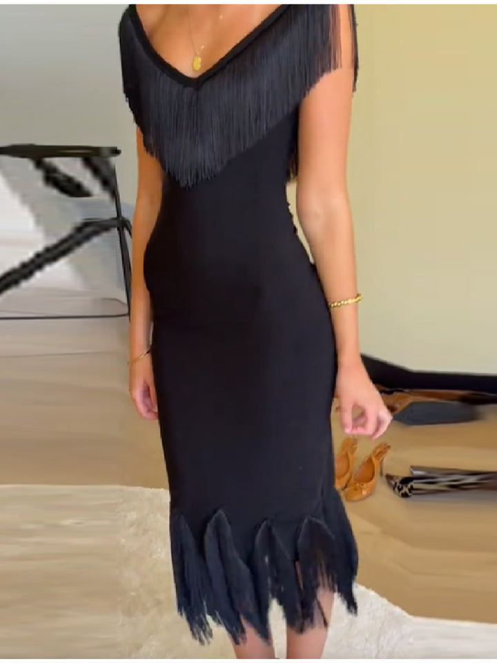 Noir Fringe Backless Midi Dress